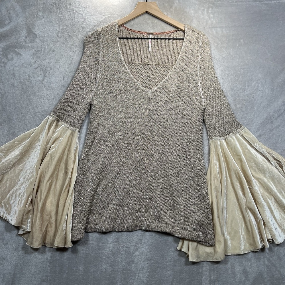 Free People Neutral Tan Celestial Metallic Sweater Bell Sleeves Boho XS